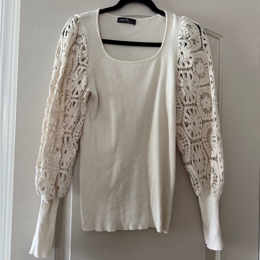 Cream Knit Top with Crochet Sleeves